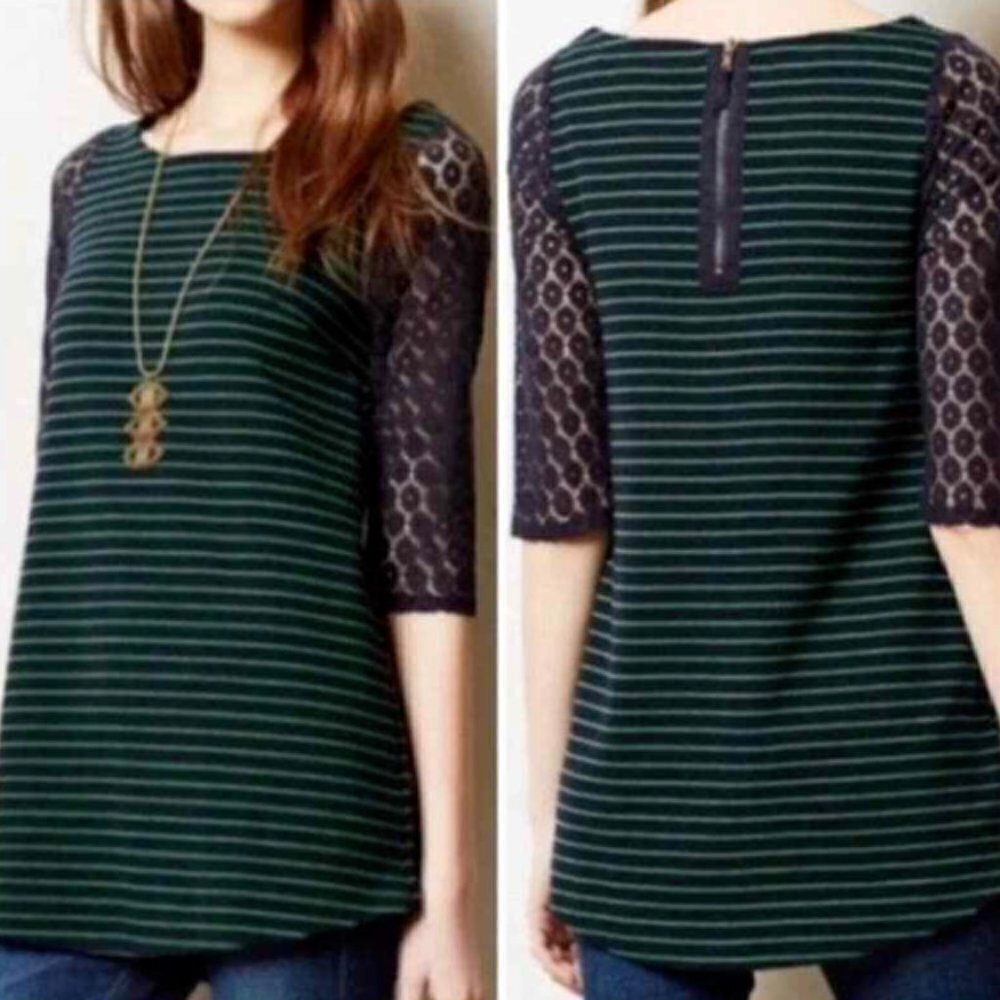 Anthropology‎ Postmark Striped Tunic Lace Sleeves Sz S Blue & Green 91E